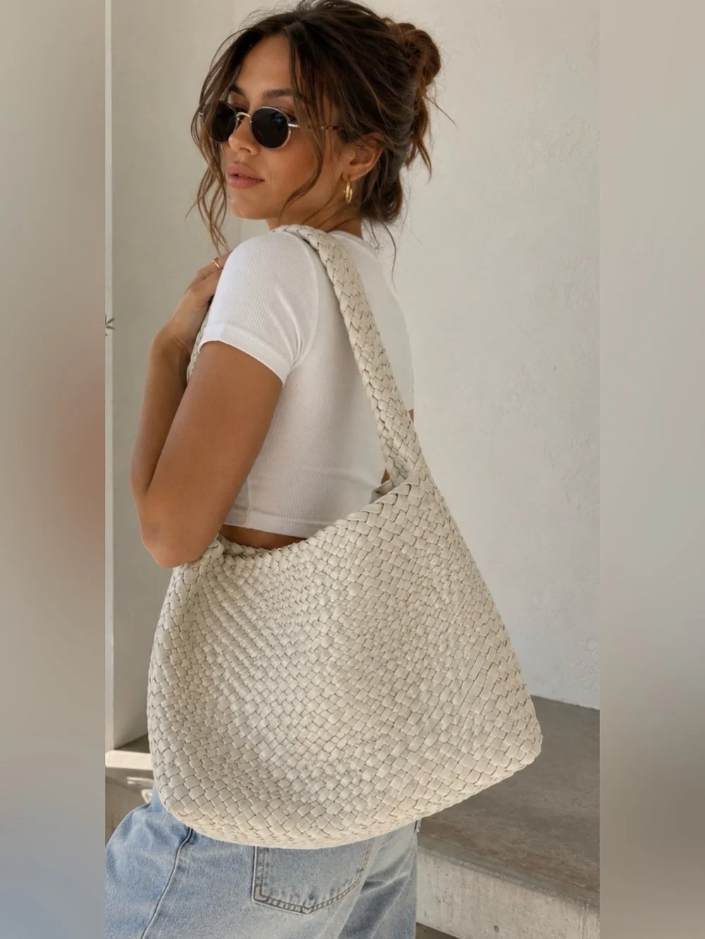 E|N Expressions NYC Beige Woven Hobo Shoulder Bag Oversized Tote w/ Pouch